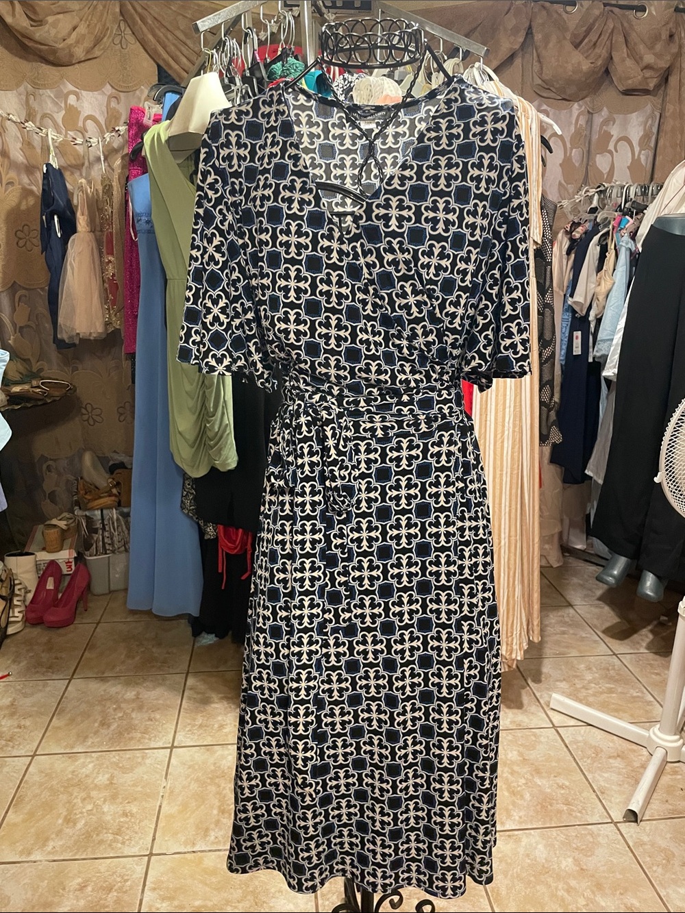 Navy and White Floral Geometric Midi Dress with Waist Tie